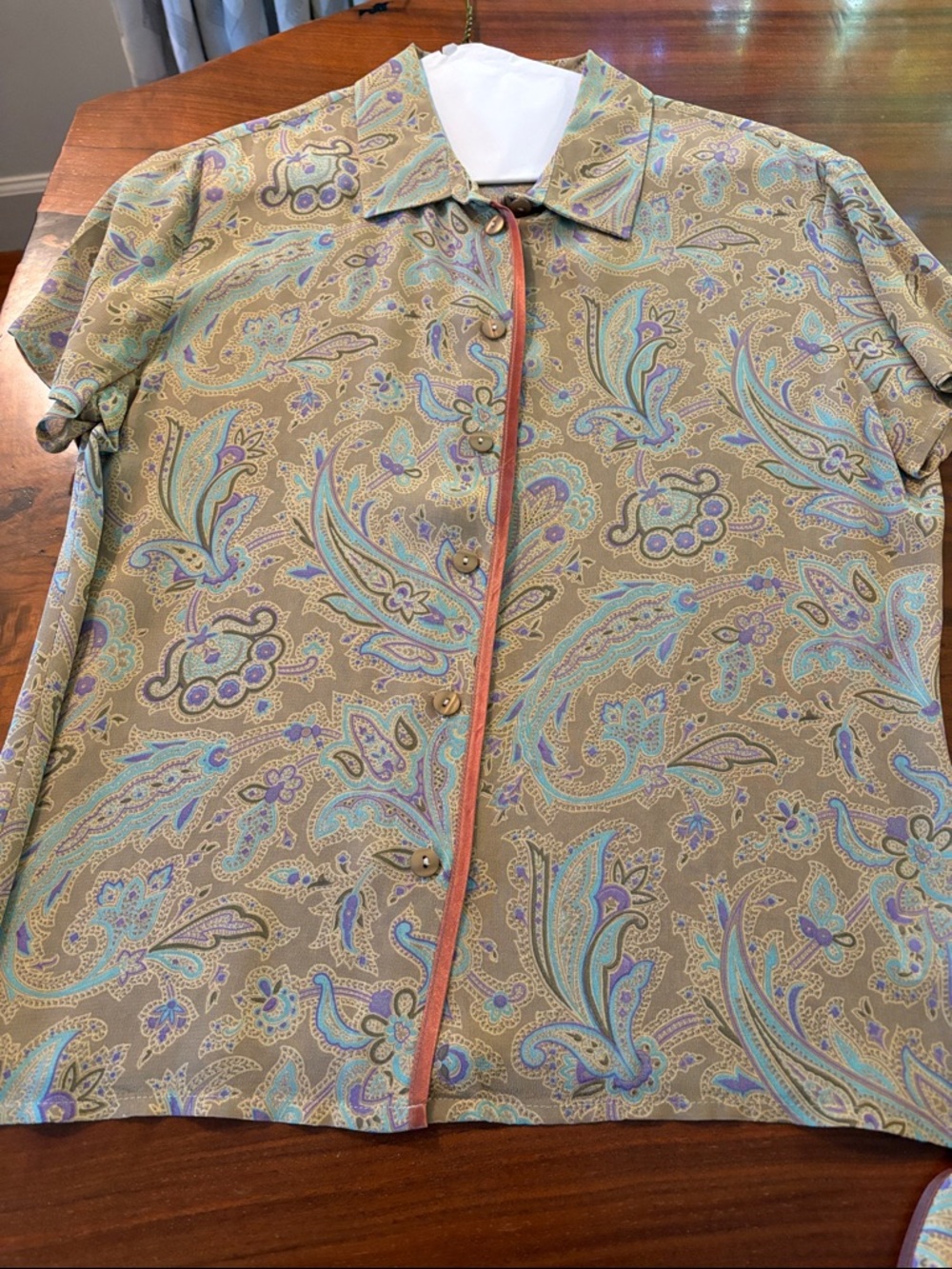 Paisley Button-Up Blouse and skirt. Tan, Teal & Lavender Accents 100% Vicose.